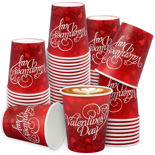 CCINEE 50 PCS Valentine's Party Supplies - Red Heart Love 9 oz Disposable Paper Cups for Valentine's Day Party Supplies