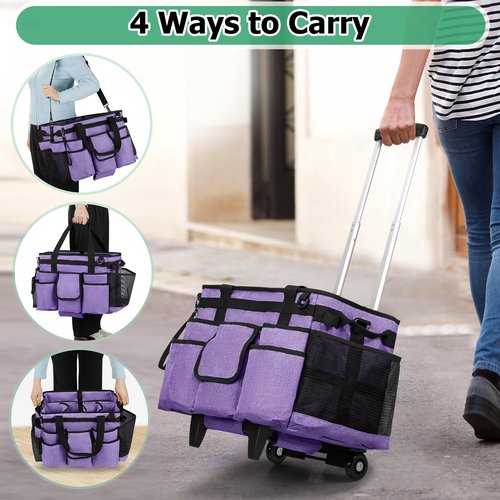 LoDrid Rolling Cleaning Bag with Detachable Trolley, Professional Cleaning Caddy with Shoulder Strap for Housekeepers, Portable Cart on Wheels for Supplies, Purple (Patent Design)