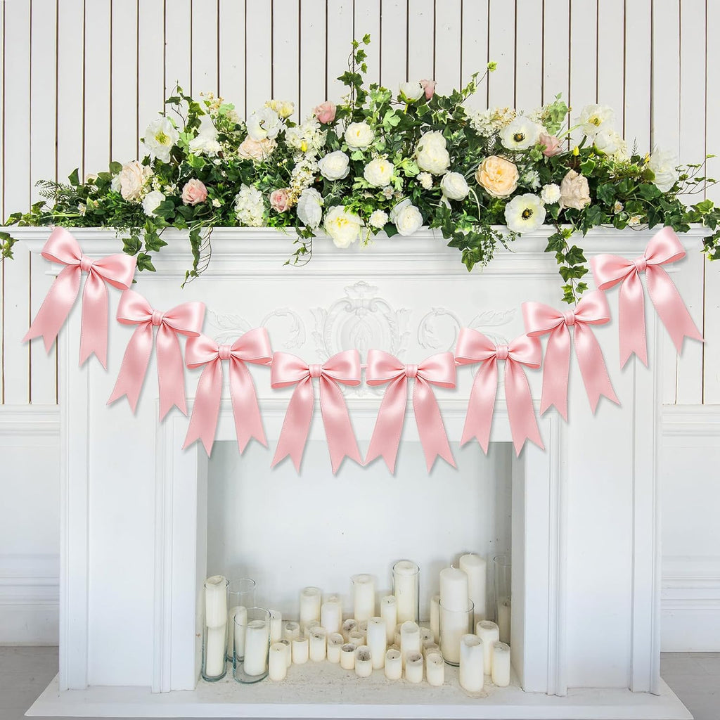 Skiennix 16PCS Pink Bow Garlands - Pre-Strung Satin Ribbon Ornaments for Celebrations & Events
