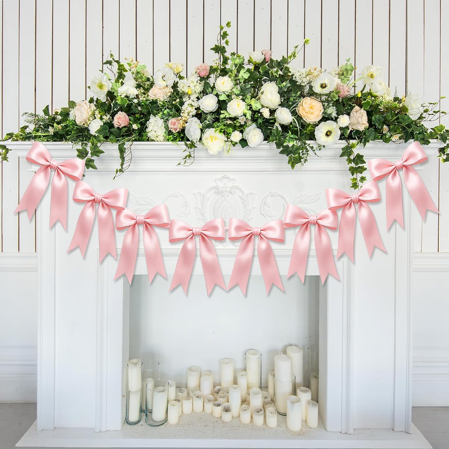 Skiennix 16PCS Pink Bow Garlands - Pre-Strung Satin Ribbon Ornaments for Celebrations & Events