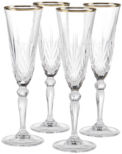 Lorren Home Trends Siena Collection Crystal Flute Glass with Gold Band Design, Set of 4