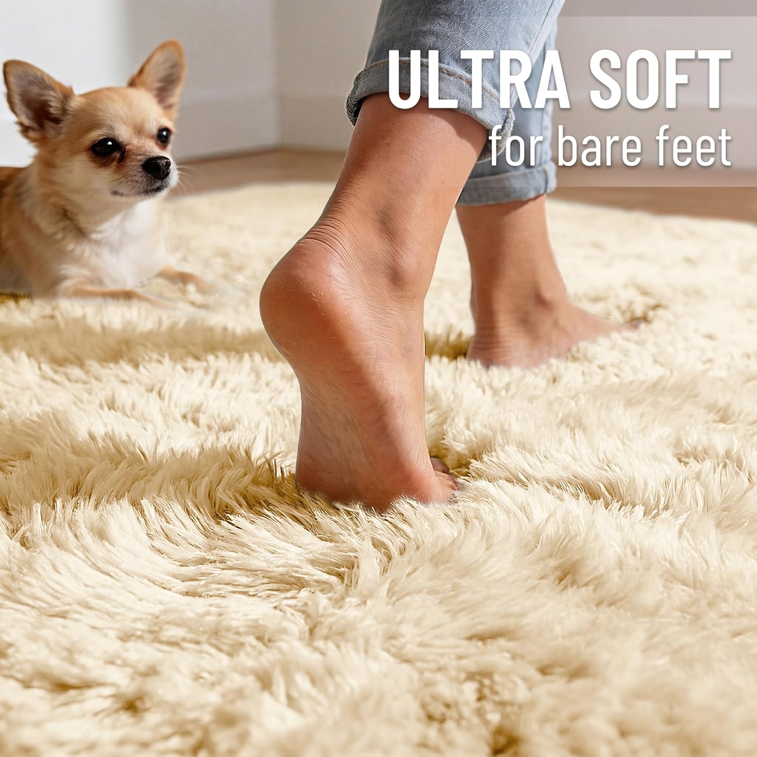 OLANLY Area Rugs - Soft Fluffy Shaggy Indoor Carpet for Living Room & Bedroom | 4x5.9 ft Cream