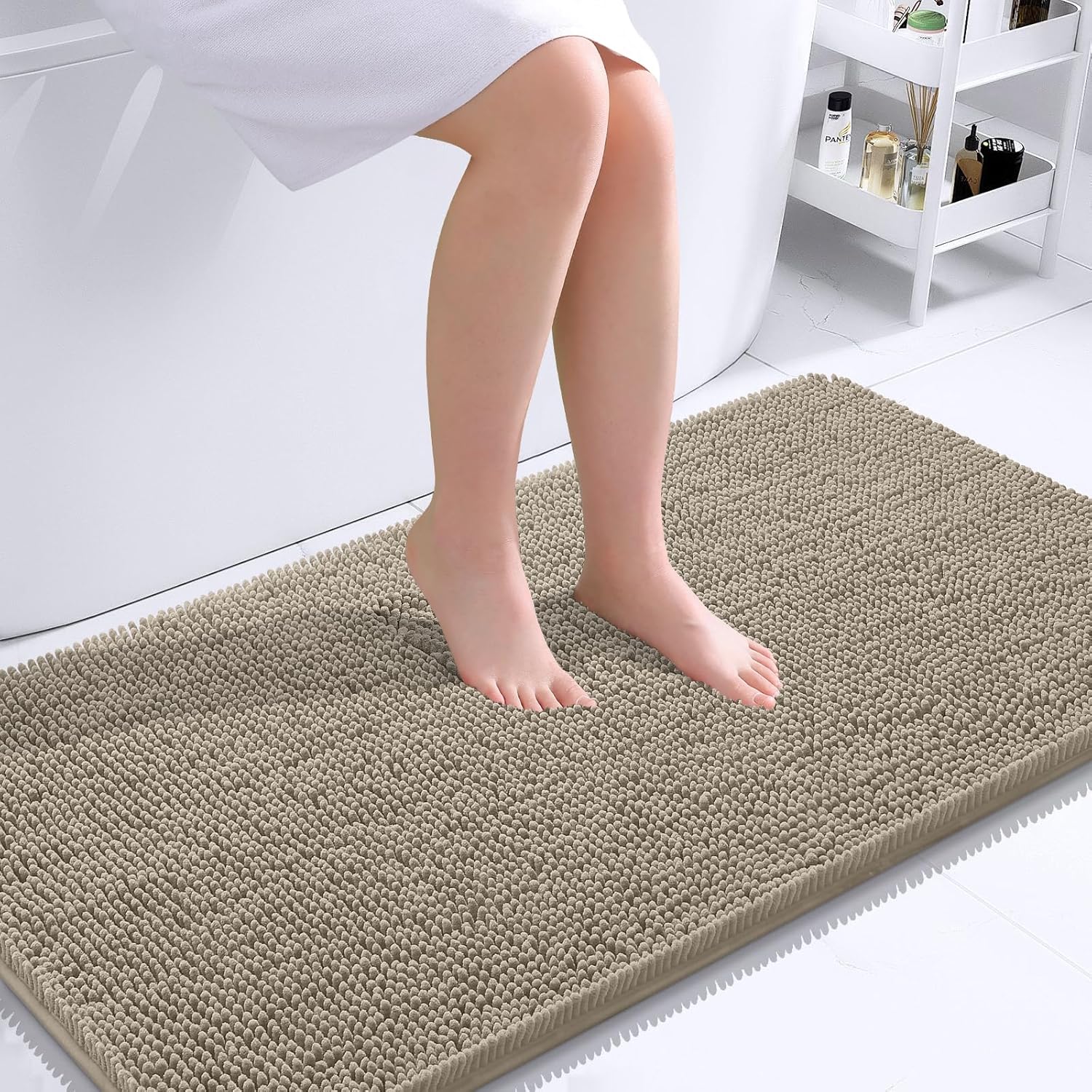 OLANLY Bathroom Runner Rugs - Soft Absorbent Chenille Bath Mats | Quick Dry, Machine Washable, 44x24, Warm Taupe