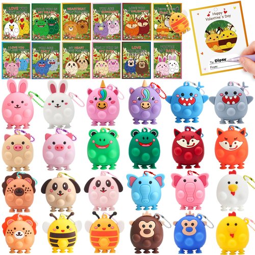 LUBUYILD Valentines Day Cards for Kids School - 24 PCS 3D Animal Pop Suction Toys with Valentines Cards, Cute Unique Class Exchange Gifts, Party Favors and Classroom Prizes for Boys Girls