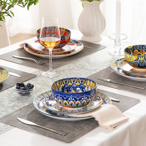 Sweejar Ceramic Dinnerware Sets for 4,12 Pieces Boho Plates and Bowls for Kitchen,Housewaring Gift,Bohemian Style Dish Set,Dishwasher and Microwave Safe(Colorful)