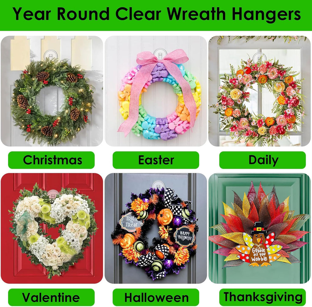 Clear Wreath Hanger - 22 LB Strong Suction Cup Hooks for Fall & Christmas Decor | 2 Pack
