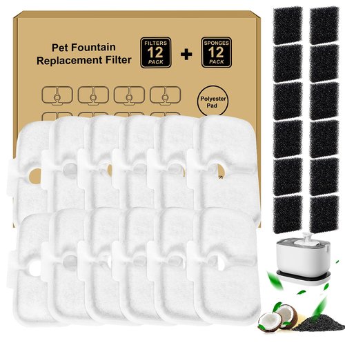 WEIKEY 24 Pcs Replacement Filters for Dockstream Cat Water Fountain PLWF105/PLWF115/PLWF005, 12 Pack Pet Water Fountain Filters with 12 Pack Pre-Filter Sponges, White