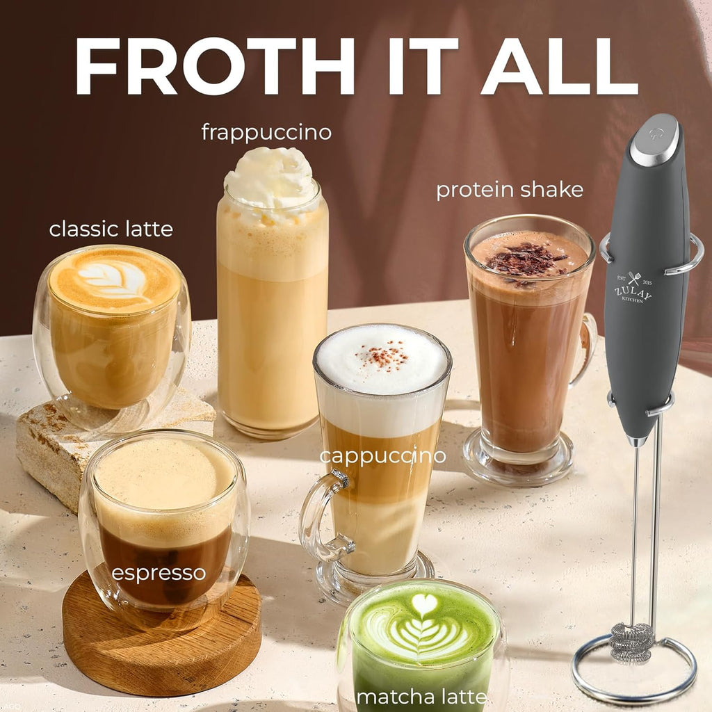 Zulay Kitchen Tornado Triple Whisk Milk Frother - Handheld Foam Maker for Coffee, Lattes & Matcha - Onyx Gray
