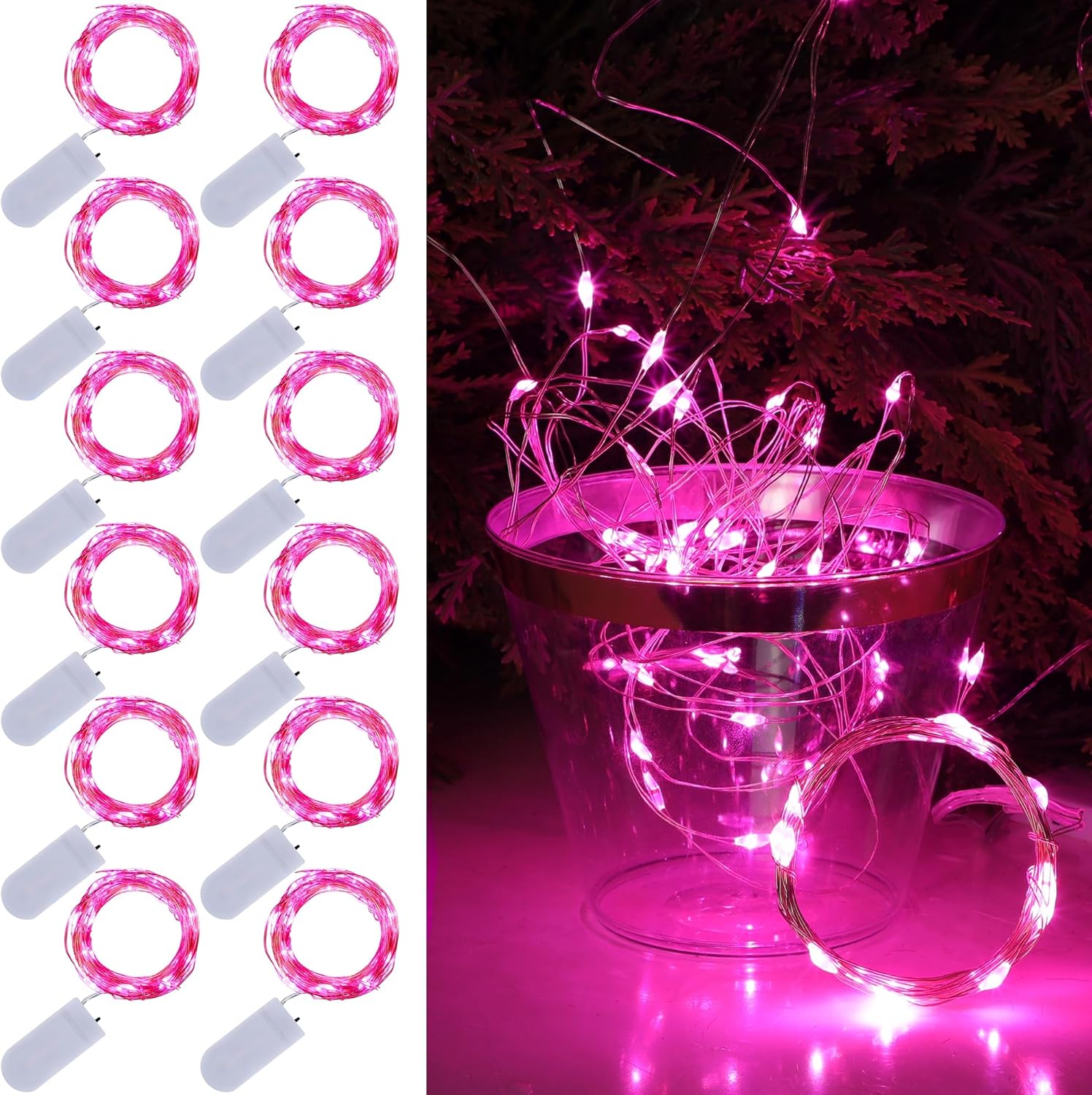 WATERGLIDE 12 Pack Mini Fairy Lights - 7 Ft Waterproof LED String Lights for Valentine's Decor | Pink