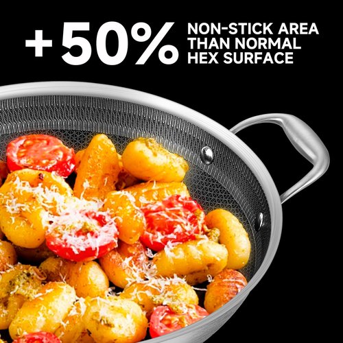 LOLYKITCH 13 Inch New Hybrid Tri-Ply Stainless Steel Wok Pan with Lid,Ceramic Non Stick Stir-Fry Pans,Induction Cooking Pot,Dishwasher and Oven Safe