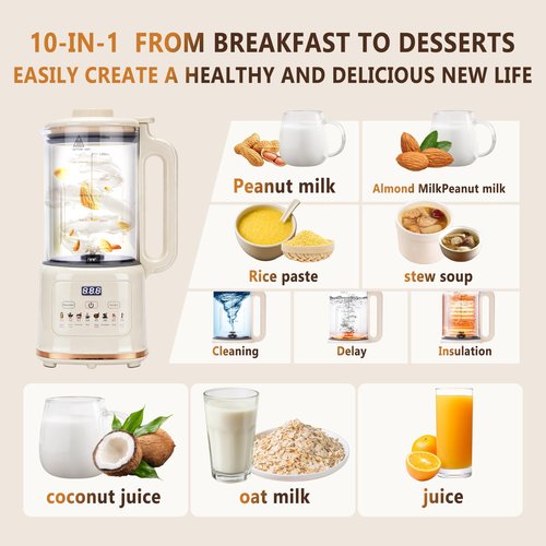 5.0 New Upgraded Nut Milk Maker Machine 10 in 1 nut Milk Maker【NO.1German High-Efficiency Brushless Motor】【TC4 titanium blade】Homemade Almond, Soy, Oats juice, fresh juice Delay Start, Keep Warm