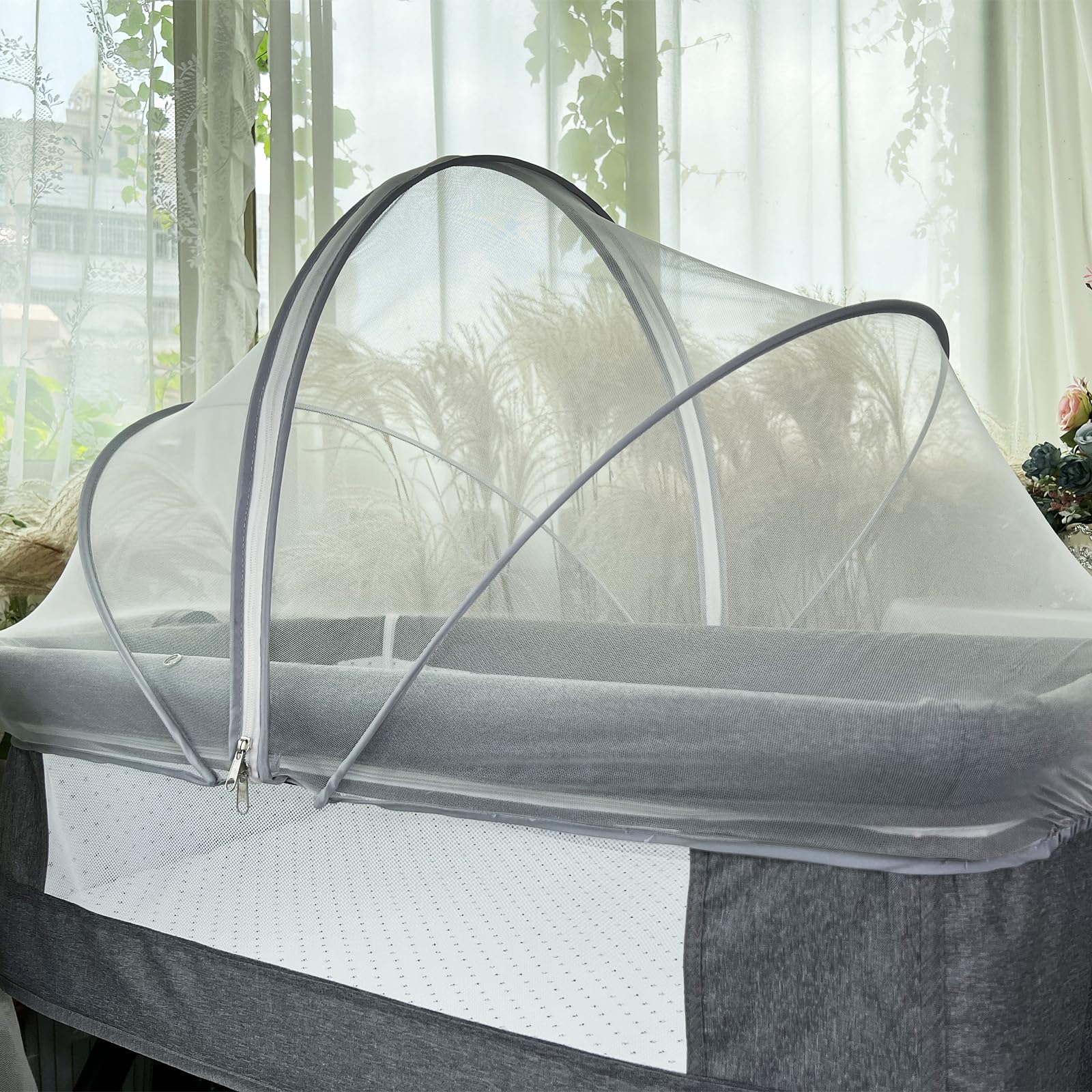 DUSHARKFUN Bassinet Cover Mosquito Net for Babies to Keep Insects/Bugs/Cats Out, Toddler Bassinet/Bedside Sleeper/Crib Net with Two-Way Zippers & Storage Bag, Breathable Mesh Holes, White