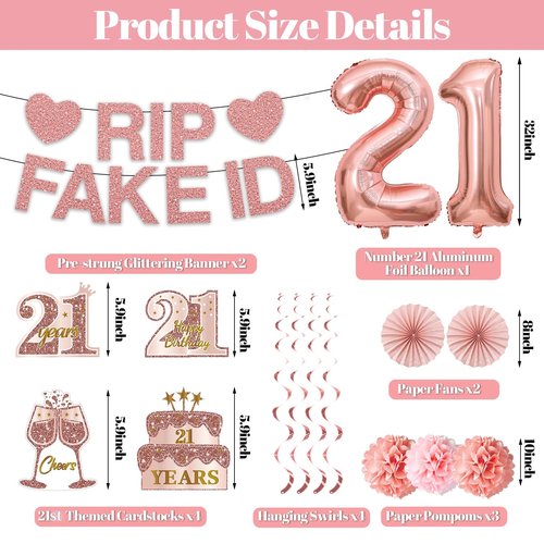 Yatufom 21st Birthday Decorations for Her, Pre-Strung 21st Birthday Rip Fake ID Banner 21 Balloon Hanging Swirls Paper Pompoms & Fans for Girl, Pink Rose Gold 21 Year Old Party Decor Supplies