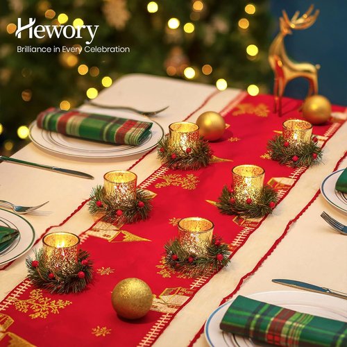 Hewory Tealight Candle Holders - Set of 6 Decorative Gold Xmas Wreath Votives for Holiday Centerpieces