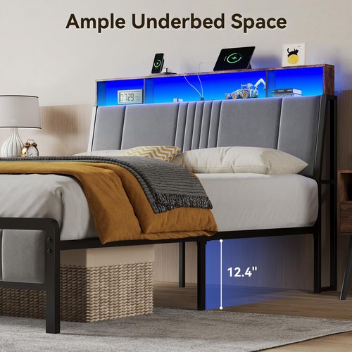 BedsPick Queen Bed Frame with Ergonomic Headboard, Upholstered Metal Platform Bed Queen Size with 2-Tier Storage, Charging Station, Smart LED Lights, Easy Assembly, No Box Spring Needed, Gray