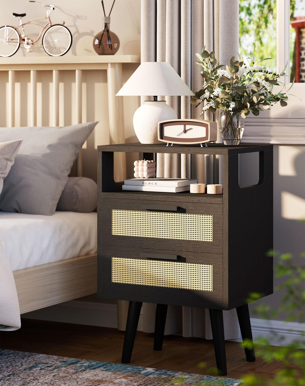 YMYNY Nightstand with 2 Drawers, Boho Side Table, Handmade Rattan Decorated, Open Shelf Unit with Arched Design, Solid Wood Legs, Storage Cabinet for Bedroom, Natural UHST015N