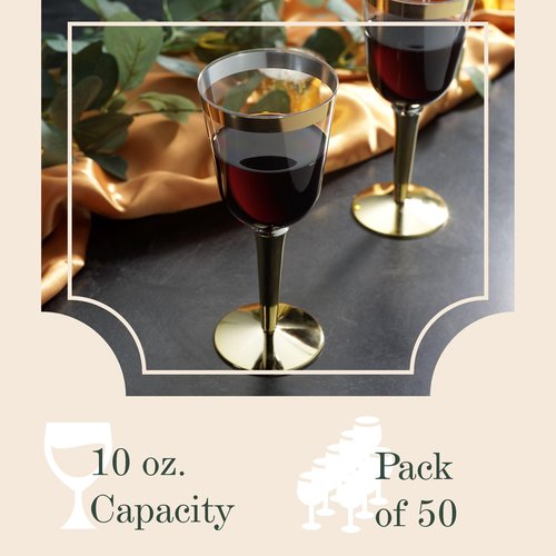 BloominGoods Disposable Wine Glasses With Stem, 10 Oz. Gold Rim Plastic Wine Glasses For Parties, Weddings, Large Clear Wine Cups Plastic, 50 Ct.