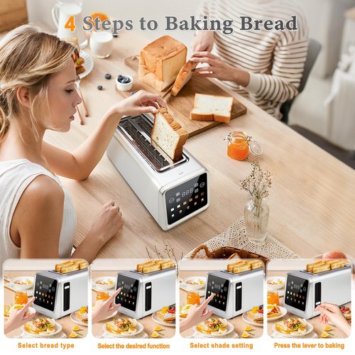 Long Slot Toaster 4 Slice, Touch Screen LED Display, 1.5” Extra Wide Slots for Thick Bread & Bagels, Countdown Timer, Memory Function, Dual Independent Control, 6 Shade Settings, Stainless Steel