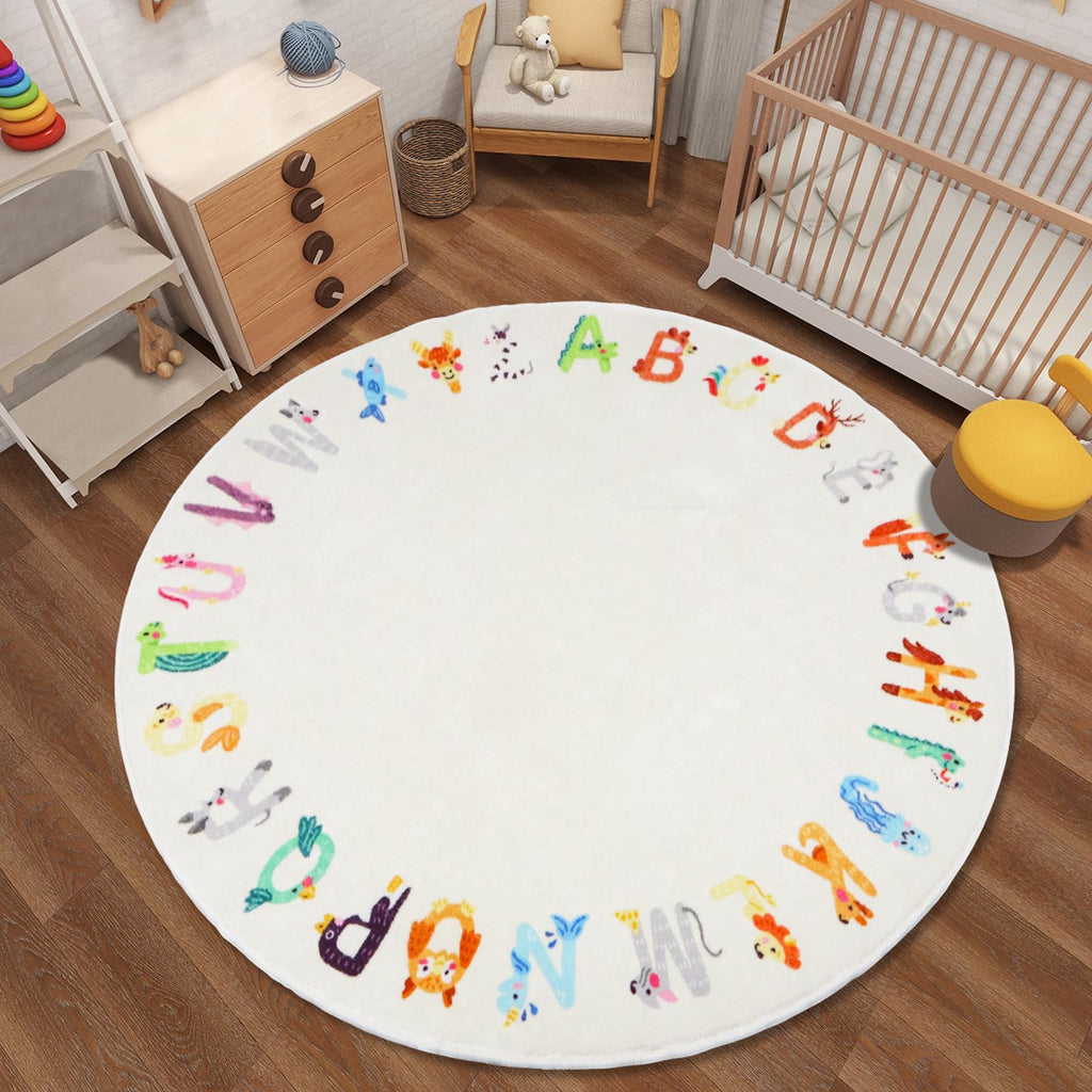 5.2ft Round ABC Animal Kids Rug, Washable Non-Slip Educational Alphabet Play Mat, Cute Carpet for &, Bedroom Classroom(for Age 2+,White)