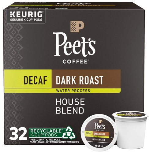 Peet's Coffee, Dark Roast Decaf Single Serve Coffee Pods, 100% Arabica Coffee - Decaf House Blend 32 Count (1 Box of 32 Pods)