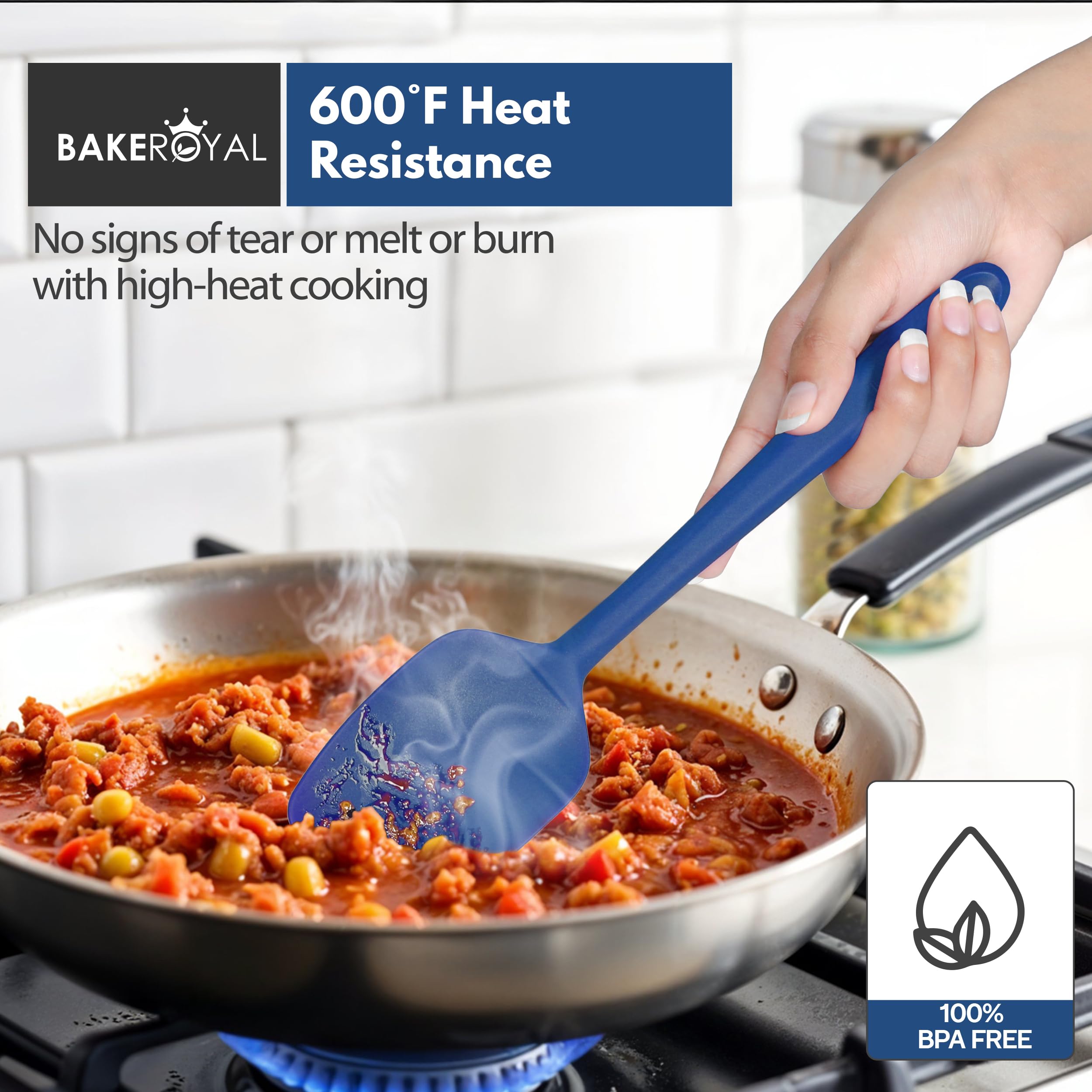 BakeRoyal Silicone Spatula Set - 4-Piece Rubber Spatulas Silicone Heat Resistant 600°F for Everyday Task - Seamless Design Kitchen Spatulas for Nonstick Cookware - Royal Blue
