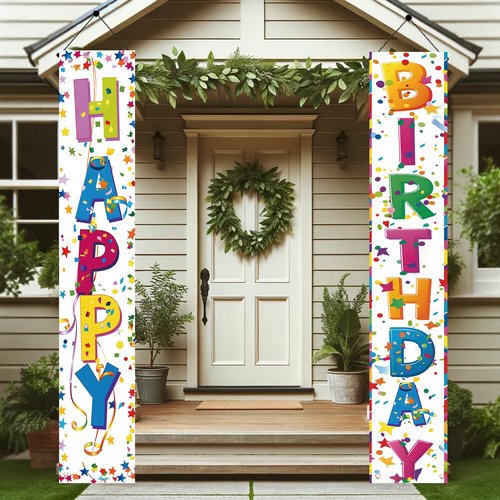 2 Pcs Colorful Happy Birthday Door Banner Happy Birthday Porch Banner Sign Birthday Party Decor Birthday Hanging Decoration for Girls Boys Party Supplies