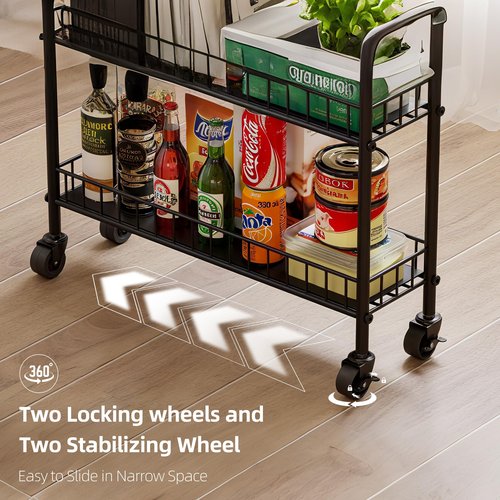 VKTO 6-Tier Slim Storage Cart, Rolling Kitchen Cart with Wheels, Narrow Metal Shelf Organizer with Hooks for Kitchen, Bathroom, Living Room, Laundry, Small Spaces (Black, 6 in)