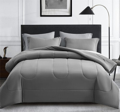 Maple&Stone Queen Size Comforter Set - 7-Piece Down Alternative Bed in a Bag, Soft Reversible Duvet in Dark & Light Grey