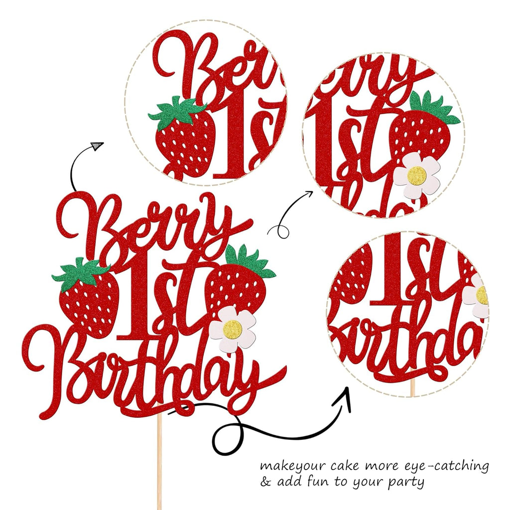 Skiennix 1st Birthday Cake Topper - Glittery Strawberry Design for Sweet Fruit Theme Party