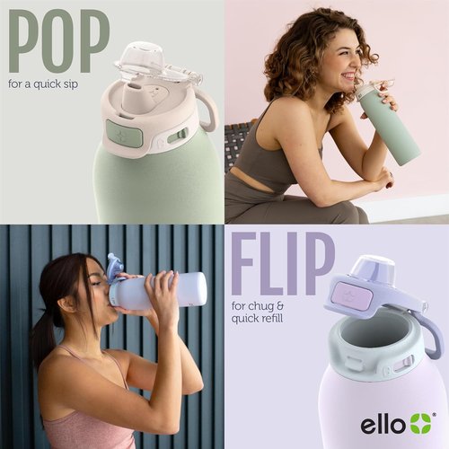 Ello Pop & Fill 22oz Stainless Steel Water Bottle - Quick Fill Technology, Double Walled, Leak Proof | Sunset Meadow
