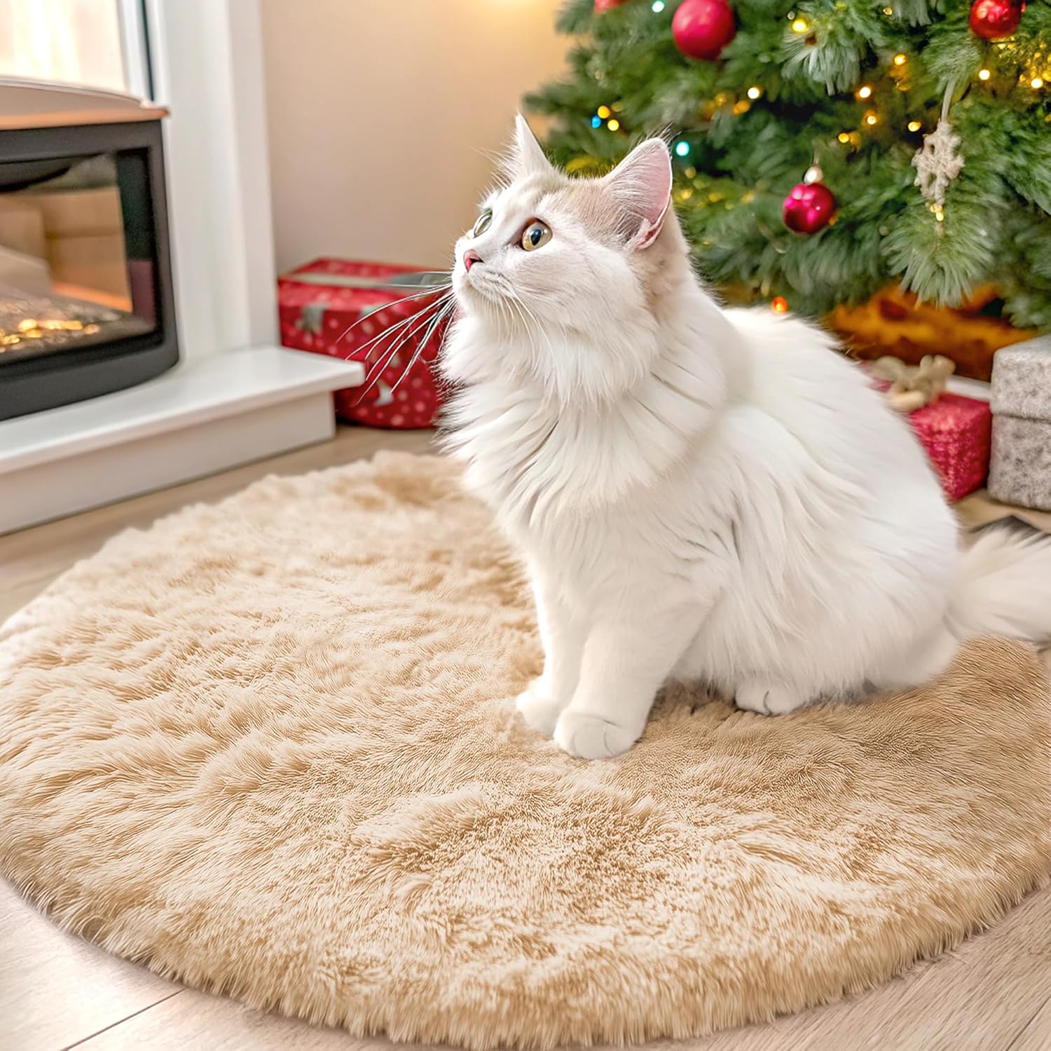 OLANLY Round Beige Area Rug - Soft, Fluffy, Machine Washable 2 ft Circle Carpet for Bedrooms & Nurseries