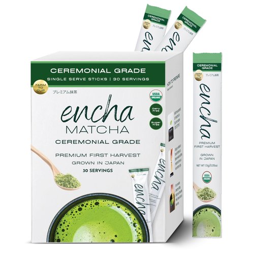 Encha Matcha - Single Serve Cermonial Grade Green Tea Powder - First Harvest Organic, From Uji, Japan single serving size (30 servings) Caffeine, L-Theanine, No added sugar