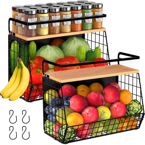 2 Pack Magnetic Spice Storage Rack Organizer for Refrigerator, Magnetic Shelf for Fridge with Wood Lid, Organizer for Kitchen & Laundry, Potato and Onion Storage Bins, Large Container, Strong Magnets