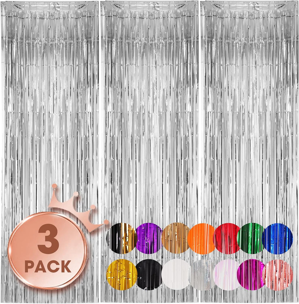 Voircoloria Silver Foil Fringe Backdrop Curtains - 3 Pack 3.3x8.2 Feet Tinsel Streamers for Parties | Perfect for New Year's Eve, Graduation, Baby Showers, and Gender Reveals