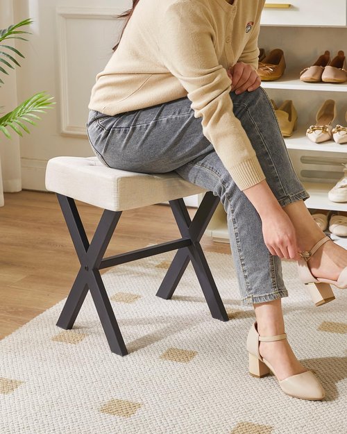 IBUYKE U-Shaped Linen Vanity Stool, Square Makeup Chair with X-Leg, Ottoman Seat Footrest Stool, Multi-Use as Small Side Table, for Bedroom, Living Room, Linen WBD018Y