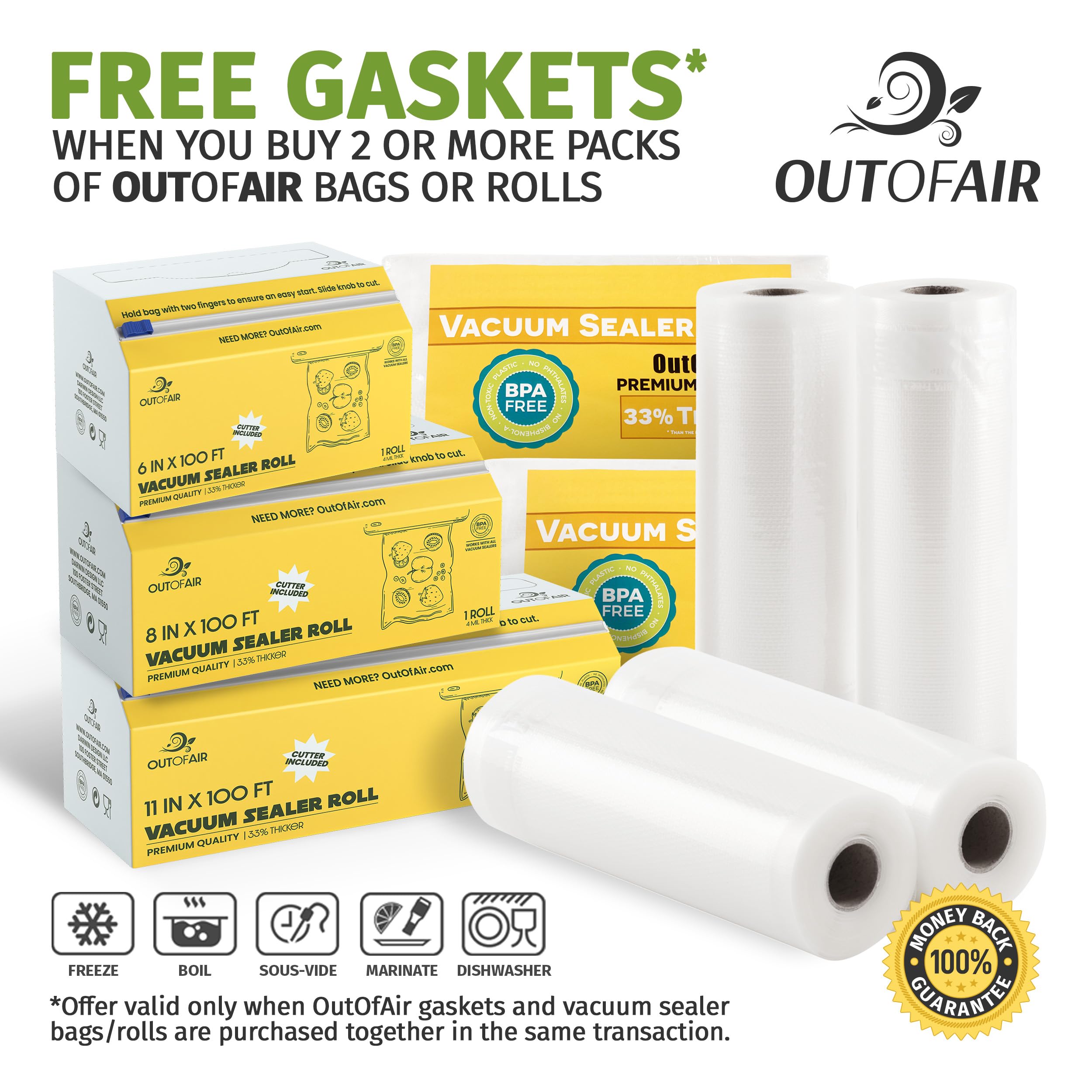 6" x 25' Rolls (Fits Inside Machine) - 4 Pack (100 feet Total) OutOfAir Pint Vacuum Sealer Rolls. Works with FoodSaver Vacuum Sealers. 33% Thicker, BPA Free, Sous Vide, Commercial Grade