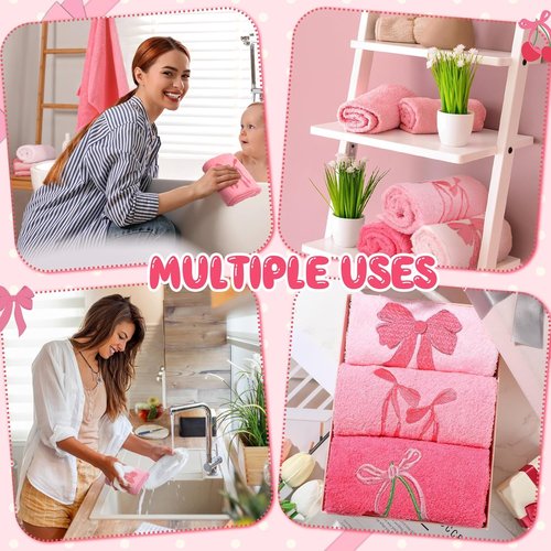 FuWeave 3 Pcs Pink Hand Towels - Soft 100% Cotton, Absorbent & Decorative | Perfect Bridal Shower Gift 13.7 x 29.5''