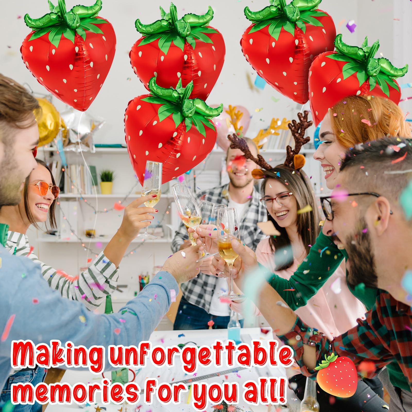 PullCrease 6 Pcs 4d Strawberry Balloons 29 Inch Giant Cute Strawberry Foil Balloons Shortcake Decorations for Sweet Berry Fruit Themed First Birthday Party Decorations Supplies Favors (Red)