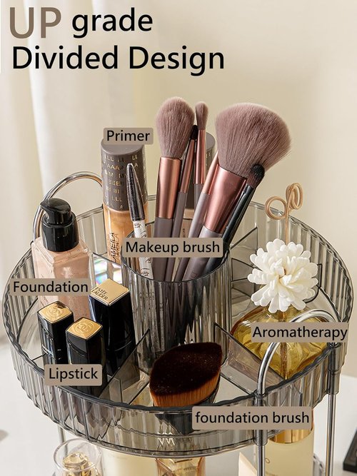 Asayuee 360 Rotating Makeup Organizer - 2-Tier Large Capacity for Skincare & Cosmetics Storage | Grey
