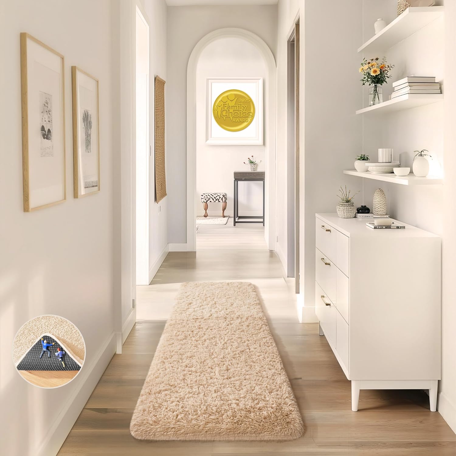 Ophanie Runner Rug - Non-Slip Fluffy Soft Hallway Carpet | 2x6 Beige Shag for Bedroom & Nursery Decor