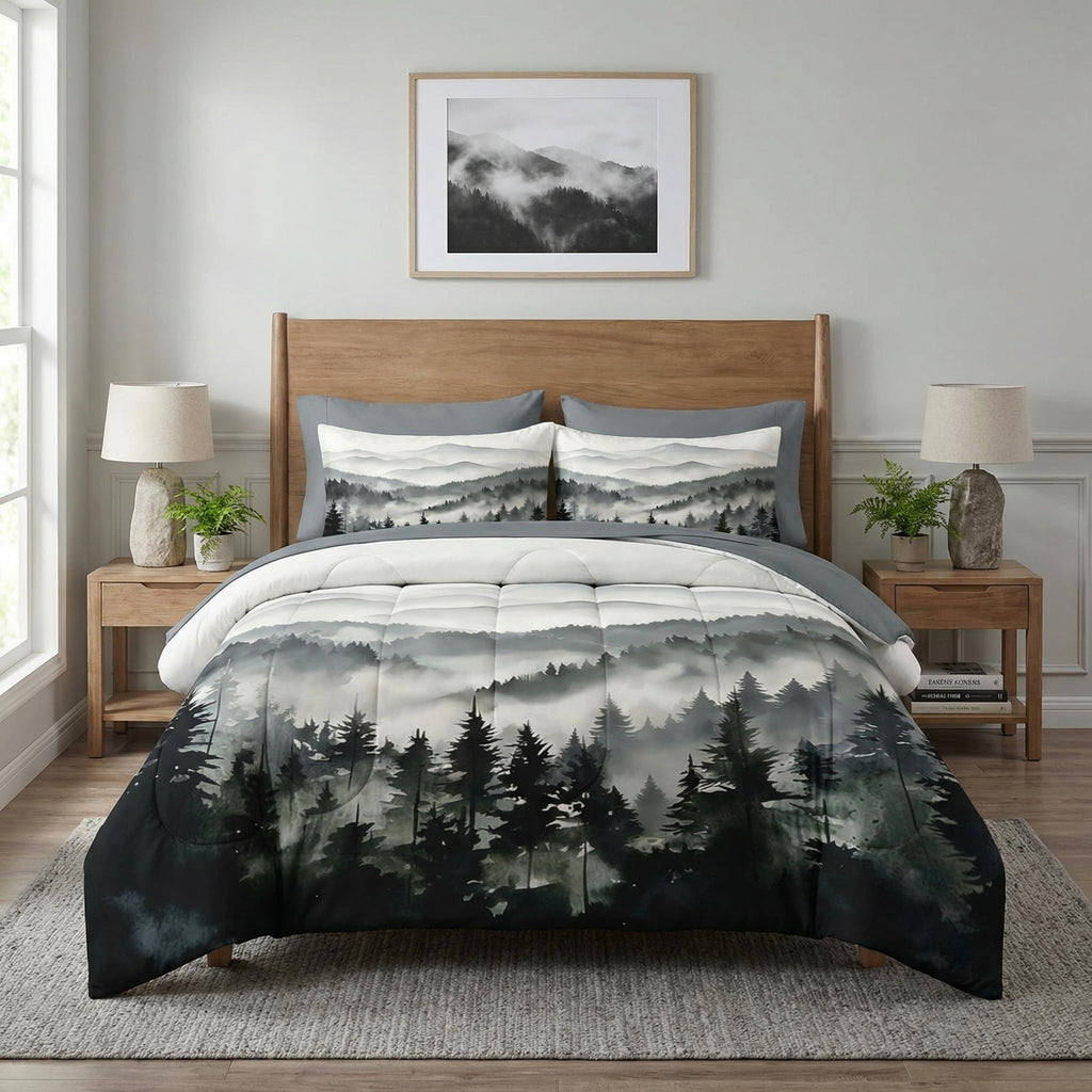 Nesker Comforter Set Queen Size, Ink Forest 7 Pcs Bedding for Kids and Adults, Misty Mountains Bed Sheet Sets with Fitted Sheet 2 Pillowcases & 2 Shams
