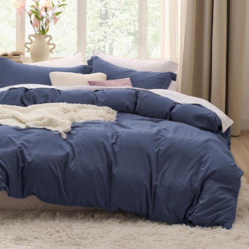 Bedsure Navy Blue Duvet Cover Set - Soft Prewashed Cotton-Like Polyester, Queen Size 3 Pieces with Zipper Closure (90x90 inches)