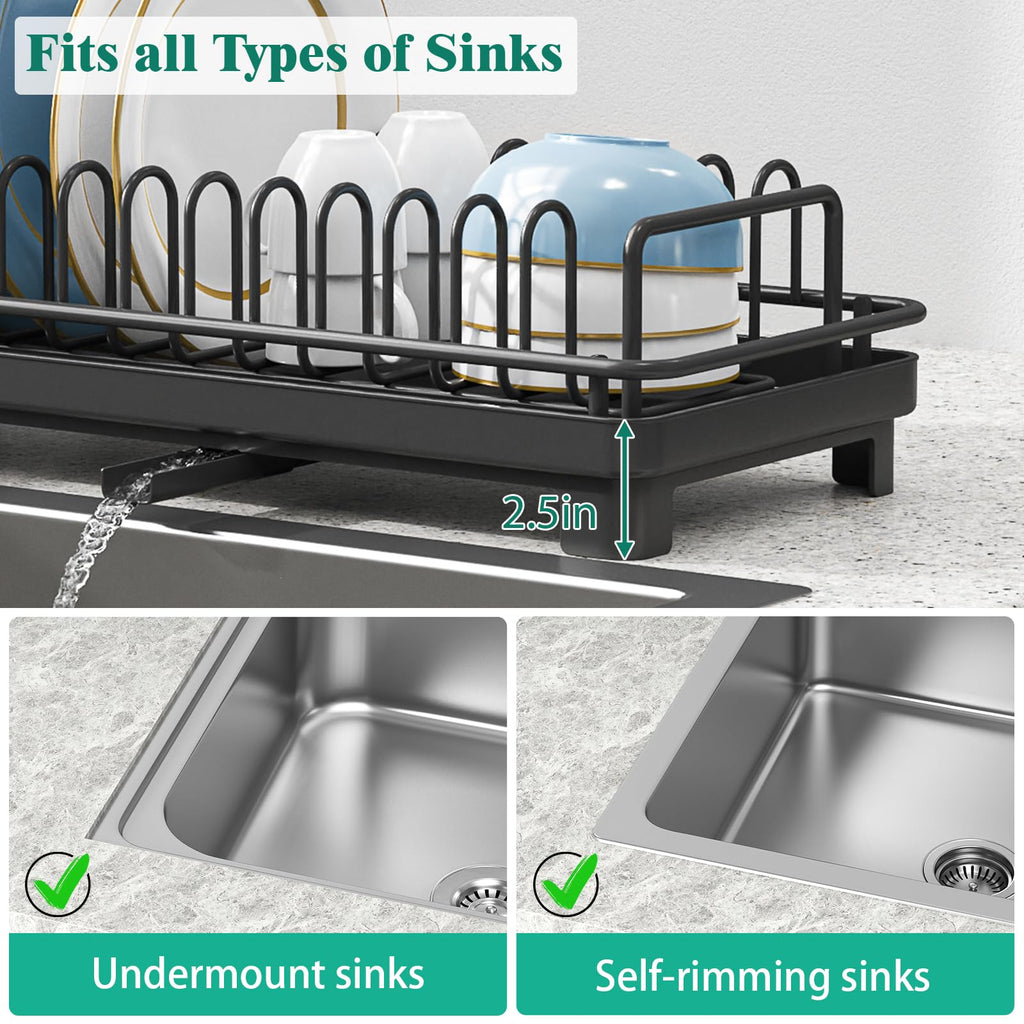 XYZLVSI Small Sink Dish Drying Rack with Drainboard, Compact Dish Drainer for Kitchen Countertop, Rustproof Plate Organizer with Utensil Holder, Black