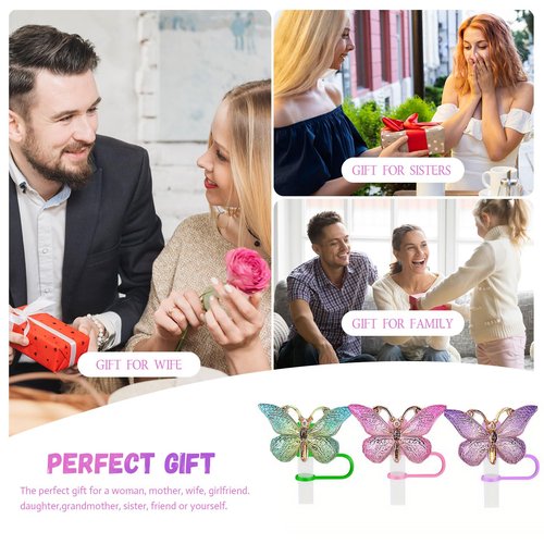9Pcs Butterfly Straw Topper for Stanley Cup Straw Tip Covers 10 mm Silicone Reusable Straw Covers Cap Butterfly Straw Protector Cover for Stanley Cup Accessories for Keeping Dust