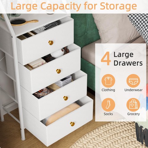 HIGDBFE 4-Drawer Dresser with Mirror, Fabric Storage with 2-Tier Shelves, Freestanding Chest Organizer Unit, Tall Chest of Drawers with Steel Frame Wood Top for Bedroom, Hallway, White, 15.3" W