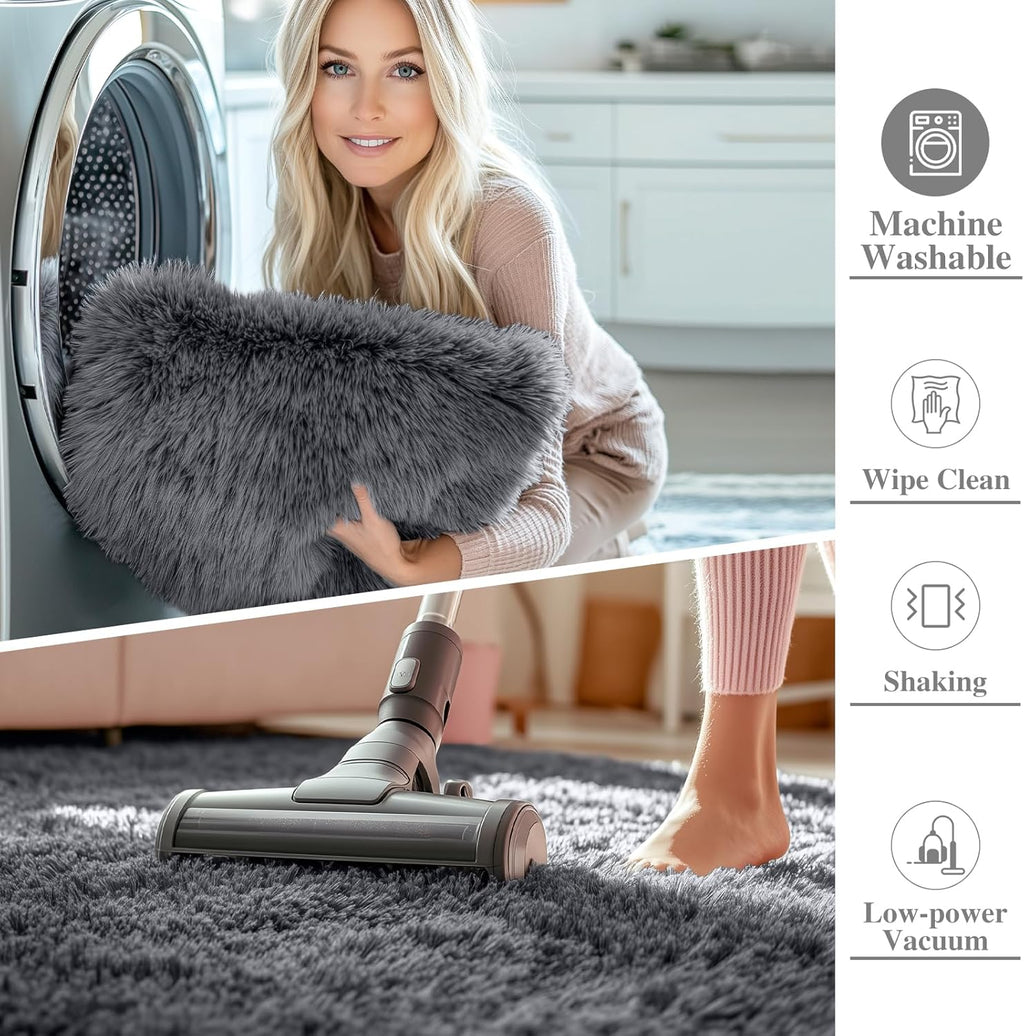 OLANLY Grey Round Rug - Soft, Fluffy Shaggy Carpet for Bedroom | 2 ft Machine Washable Area Rug