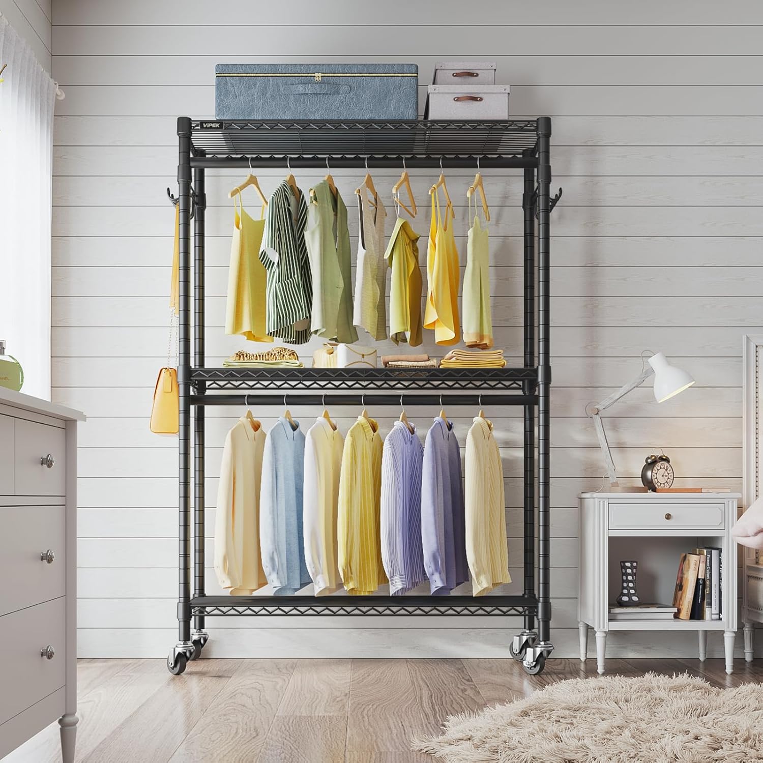 VIPEK R2 Plus Heavy Duty Garment Rack - Adjustable 3-Tier Wire Shelving with Double Rods & Hooks | Black