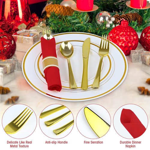 Pre Rolled Gold Plastic Silverware with Red Napkins, 100Pack Red Wrapped Cutlery with Napkin, Heavy Duty Prerolled Plastic Silverware, Rolled Cutlery with Christmas Napkins for Holiday