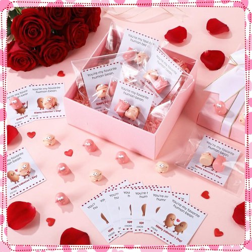 AceOrbit 24 Sets Valentines Day Resin Bean Gifts for Coworker Funny Mini Resin Beans with Valentines Day Cards Exchange Gifts Pun Emotional Support You're My Favorite Party Favors for Employee Adults