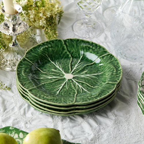 Le Jardin Cabbage 3D SALAD/DESSERT PLATES, SET OF FOUR - 9" Sculpted Green Stoneware Leaf Plates – Seasonal Spring & Summer Tableware for Fresh, Nature-Inspired Dining and Entertaining